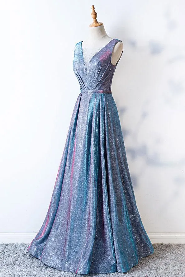 A Line Blue Lace up Ruffles Prom Dresses V Neck Satin Long Cheap Evening Dresses JS675