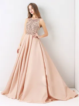 A-line Scoop-Neck Sweep Train Satin Long Prom Dresses With Rhine Stones HX0074