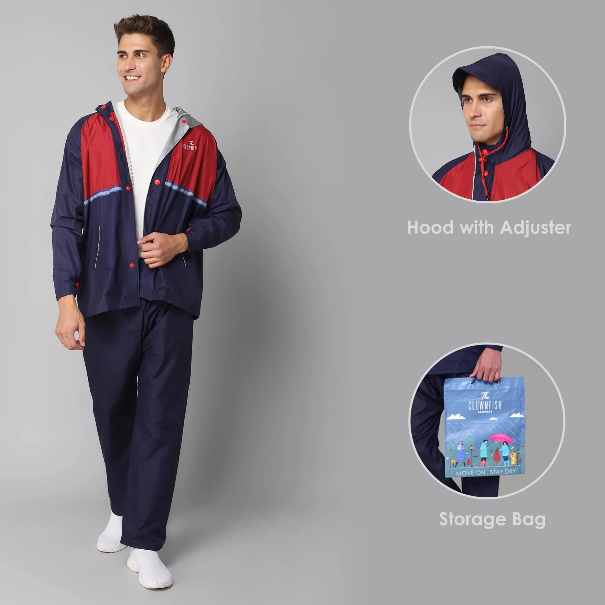 THE CLOWNFISH Christopher Men's Waterproof Polyester Double Coating Reversible Raincoat with Hood. Set of Top and Bottom. Printed Plastic Pouch with Rope (Blue, XXX-Large)